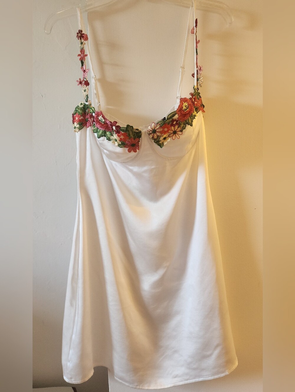 Princess Polly Kensie White Satin Slip Dress with Floral Embroidered Trim